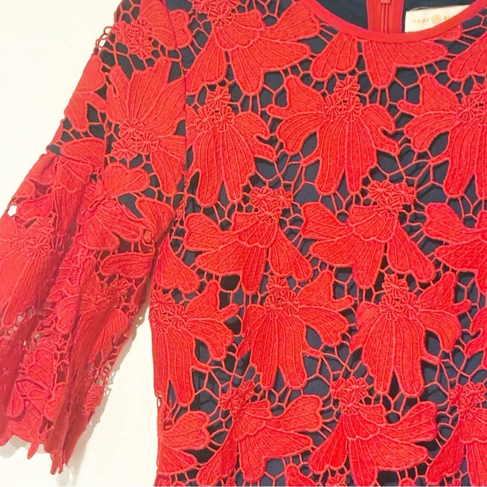 Tory Burch Nicola Guipure Lace Dress Red Lined Size‎ 2 Short Sleeve